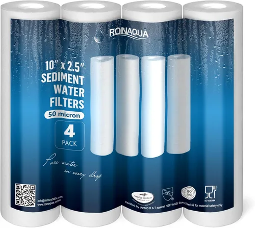 Ronaqua Cartucho de filtro de agua de sedimentos de 50 micrones de 10 x 2.5 pulgadas, certificado NSF, filtración de 4 capas para cualquier unidad
