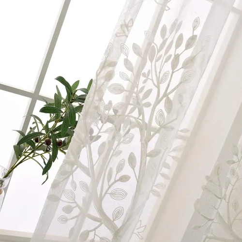 Miniatura 7 de VOGOL Cortinas traslúcidas blancas de 84 pulgadas de largo, cortinas de gasa ligeras bordadas de árbol para granja, 2 paneles de estilo campestre