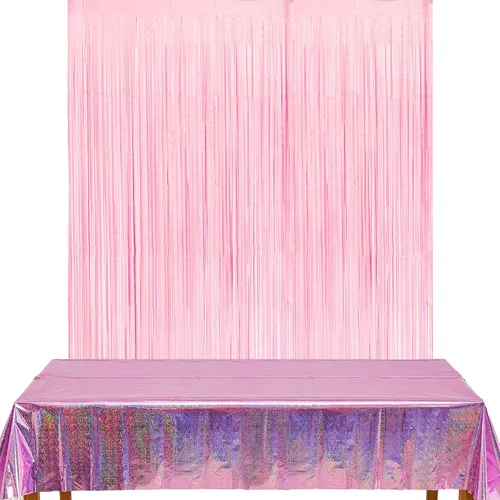 GREATRIL Cortinas de flecos de papel de aluminio rosa pastel, 2 paquetes y manteles de fiesta rosa, 2 paquetes para decoración de fondo de fiesta