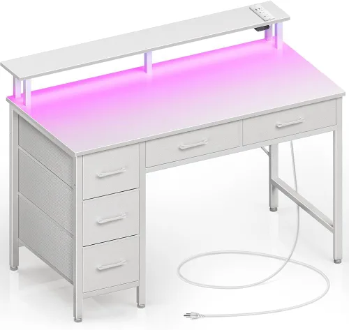 Seventable Escritorio para computadora con tomas de corriente y luz LED, escritorio de oficina en casa de 39 pulgadas con 5 cajones, escritorio de