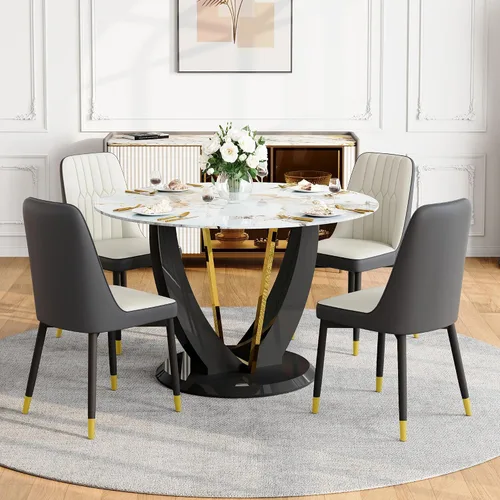 Miniatura 5 de Juego de mesa de comedor redonda para 4, mesa moderna de 48" con tapa de mármol sintético falso y pedestal brillante negro, juego de mesa de cocina