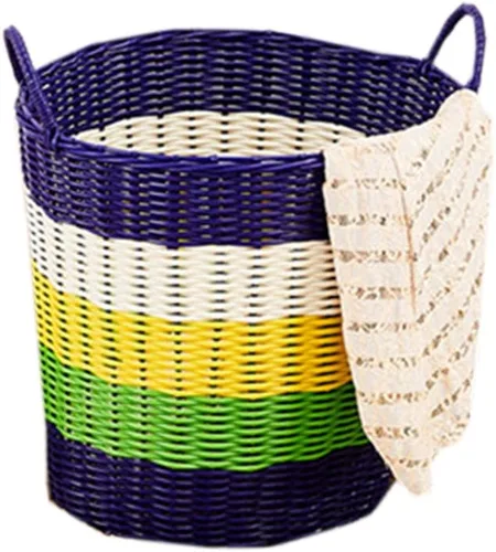 Miniatura 3 de Cesta de ropa sucia tejida Cestas de almacenamiento de ratán de plástico Cesta de lavandería tejida (azul)