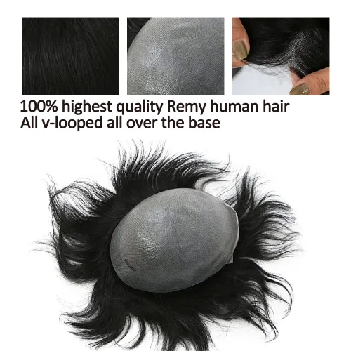 Miniatura 2 de toupee tupé para hombres 0.002 in ultra suave y transparente piel fina con bucle en V línea capilar natural para hombre, extensiones de cabello 1B