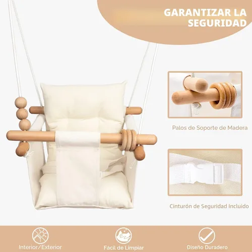 Miniatura 3 de Columpio para Bebé Interior y Exterior Asiento de Columpio para Niños Pequeños con Cinturón de Seguridad, Columpios Colgantes de Lona Exterior Crema
