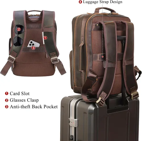 Miniatura 2 de TIDING Mochila para portátil de cuero de grano completo de 17.3 pulgadas para hombres, multibolsillos, casual, mochila de viaje de negocios, Marrón