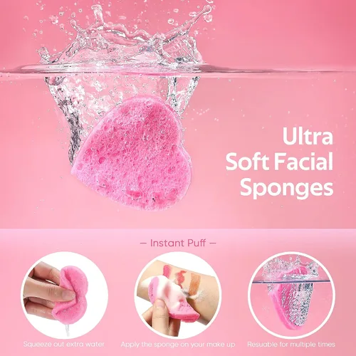 Miniatura 2 de GAINWELL 50 esponjas faciales comprimidas en forma de corazón para limpieza facial diaria y exfoliación, esponjas cosméticas de spa 100% naturales