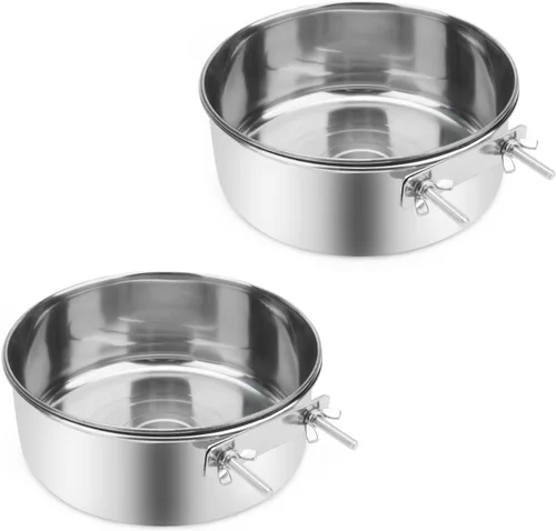 Miniatura 11 de Tazón de agua para alimentos para mascotas con soporte de abrazadera, comedero colgante de acero inoxidable para perro, pájaro, loro, gato, conejo 1