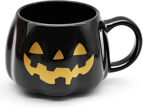 Miniatura 2 de Taza de calabaza negra de Halloween de 12 onzas, taza de café de cerámica Jack O'Lantern con cara dorada, regalos espeluznantes y lindos
