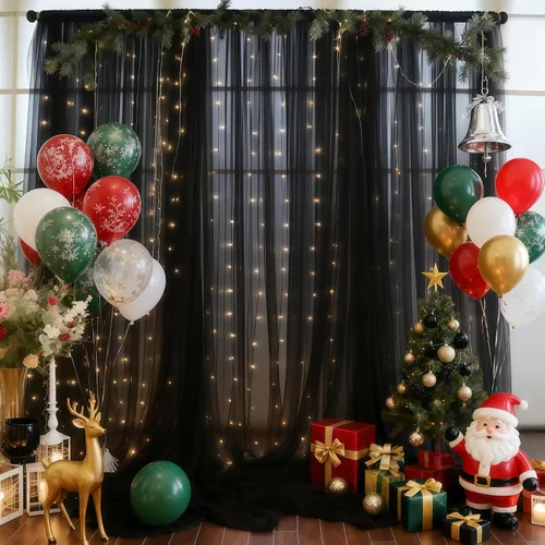 Miniatura 2 de Cortina de telón de fondo de tul negro de 10 x 10 pies con cadena de luces para fiestas, cortinas de fondo de fotos transparentes para bodas