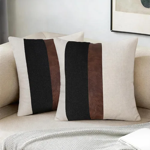 Merrycolor Funda de almohada lumbar de lino negro grueso con bloques de color negro y marrón, funda decorativa de lino sintético a rayas color
