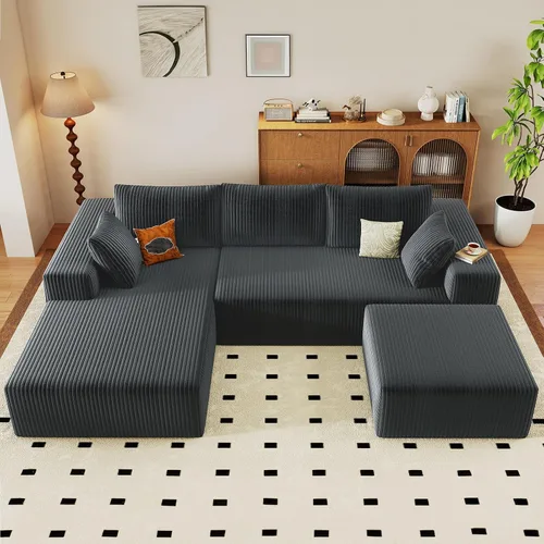 Miniatura 23 de Sofá modular Cloud de 95 pulgadas con otomana, moderno sofá nube en forma de U con asiento profundo, cómodo sofá de pana de 3 plazas, sofá de espuma