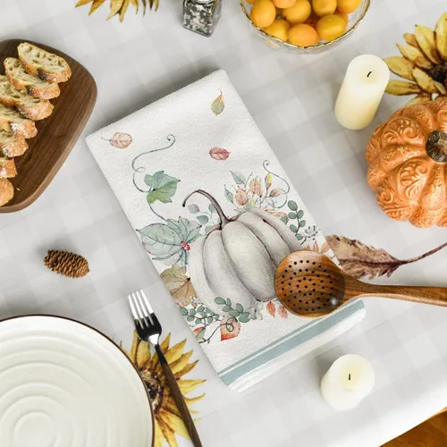 Miniatura 4 de Artoid Mode Juego de 4 toallas de cocina de otoño con diseño de rayas azules de acuarela de 18 x 26 pulgadas, diseño de hojas de temporada