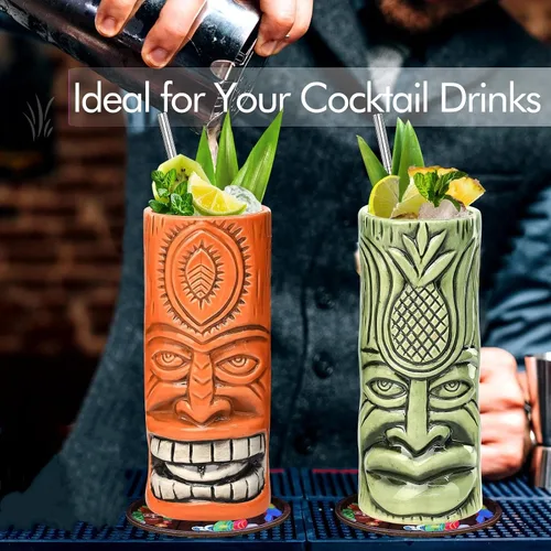 Miniatura 5 de SuproBarware Tiki - Juego de 2 tazas de cóctel hawaianas grandes con pajitas y posavasos, lindos vasos de cóctel exóticos para fiesta Tiki Bar