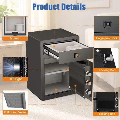 Miniatura 5 de 2.4 Cu Ft Small Safe Box Fireproof Waterproof -Home Safe with Biometric Fingerprint Drawer & Removable Shelf, Dual Alarm System,Gun Safe for