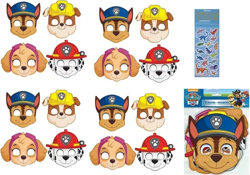 Unique El paquete de decoración para fiesta de cumpleaños de Paw Patrol incluye 16 máscaras de papel para fiestas infantiles y 1 hoja de calcomanías