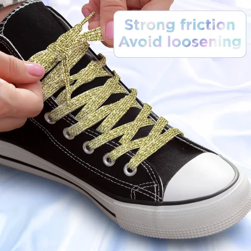 Miniatura 4 de MOTZU 2 pares de cordones planos con purpurina de 45 pulgadas para zapatillas de lona atléticas, cordones brillantes para zapatos de niños