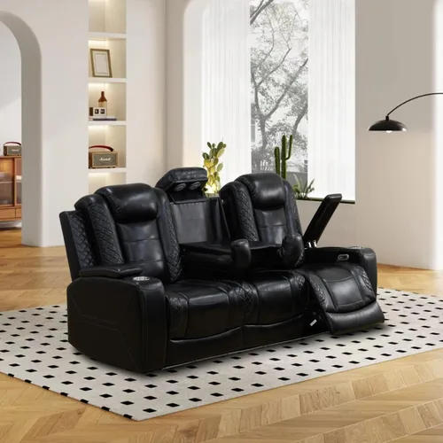 Miniatura 2 de Sofá reclinable eléctrico, sillón reclinable de cuero con LED/almacenamiento, sillón reclinable de cine en casa de 3 plazas, sofá de cuero negro