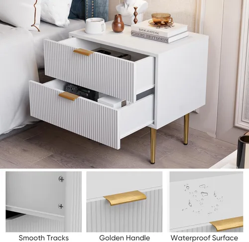 Miniatura 3 de Mesita de noche blanca para dormitorio, juego de 2 mesitas de noche acanaladas, mesa de noche moderna de mediados de siglo con patas de metal dorado