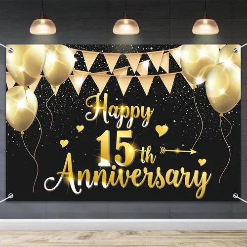 HAMIGAR Fondo de pancarta de feliz 15 aniversario de 6 x 4 pies, 15 decoraciones de aniversario de boda, suministros para fiestas, color negro y