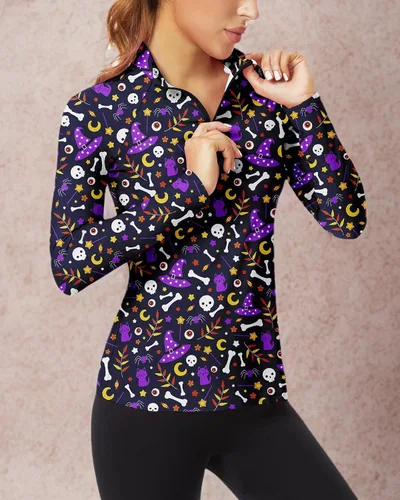 Miniatura 176 de WOWENY Camiseta deportiva de manga larga para mujer, con cremallera de un cuarto, cuello para entrenamiento, camiseta de tenis con estampado