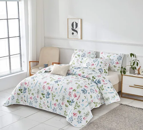 Miniatura 3 de UOZZI BEDDING - Juego de edredón reversible de 3 piezas tamaño Queen, con hojas verde azuladas y flores rojas en blanco, microfibra suave y ligera