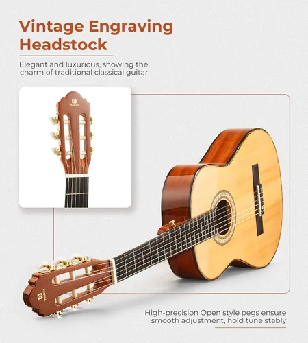 Miniatura 7 de Vangoa Guitarra clásica, cuerdas de nailon de 39 pulgadas, guitarra española para principiantes de tamaño completo con tapa de abeto y respaldo