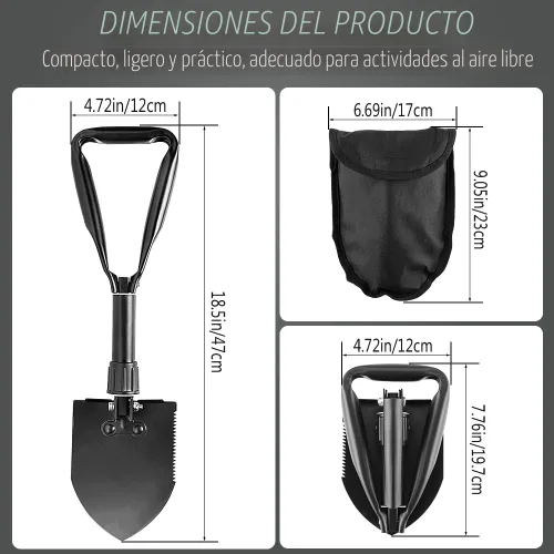 Miniatura 4 de Pala de excavación, 18.5 pulgadas, ligera, para acampar, portátil, de acero de alto carbono, plegable, mini palas para acampar al aire libre, Negro