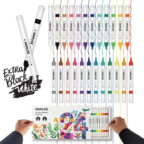 Juego de 24 colores (26 marcadores) de pintura acrílica de doble punta que incluye blanco y negro extra, punta extrafina de 0.028 in y punta de