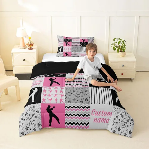 Miniatura 83 de Juego de edredón de softbol personalizado, juego de ropa de cama de retazos a cuadros para niños y niños, edredón de bate de béisbol, juego