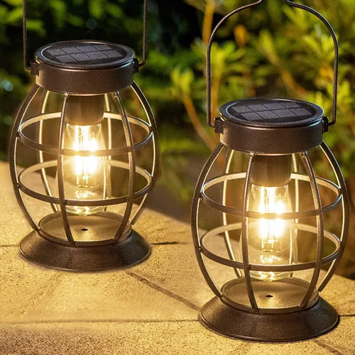 Miniatura 10 de LeiDrail Farol solar colgante al aire libre, faroles decorativos de metal, luz LED blanca cálida, impermeable, iluminación de paisaje para mesa