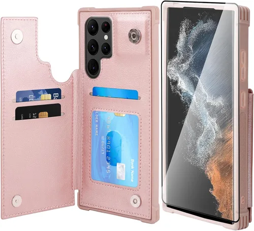 Miniatura 26 de VANAVAGY Funda tipo cartera compatible con Galaxy S22 con soporte para tarjetas de bloqueo RFID, piel sintética, cierre magnético, función atril
