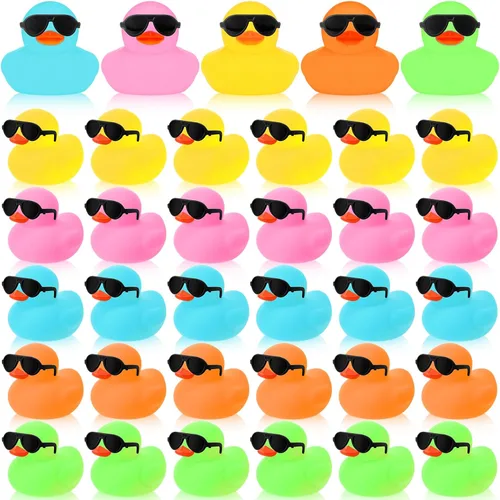 Sosation Juego de 36 mini patos de goma con lentes de sol de 2.2 pulgadas para el baño, chirriantes, juguetes de bañera para concientización sobre