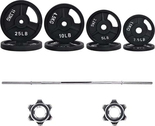 Miniatura 6 de Fitvids Placas de peso estándar de hierro fundido que incluyen barra estándar de 5 pies con cerraduras de estrella, juego de 95 libras