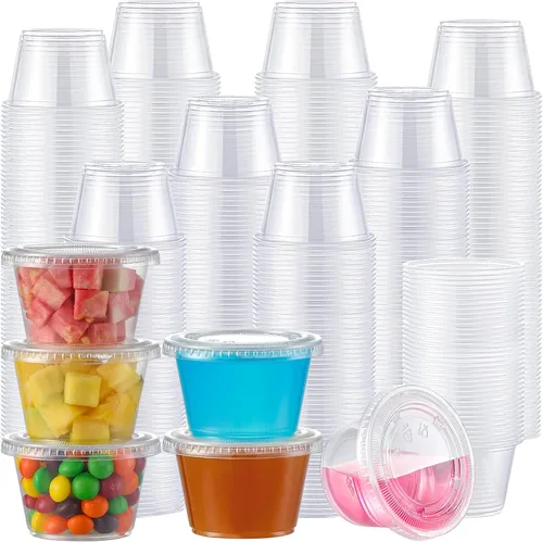 Miniatura 8 de AOZITA Juego de 400 vasos para shots de gelatina de 2 onzas con tapas, apilables, seguros para alimentos, desechables, vasos de plástico