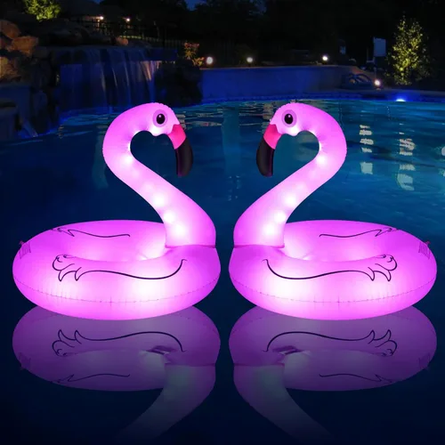 Miniatura 8 de Flotadores inflables de flamenco con luces, anillos de tubo de natación de flamenco alimentado por energía solar, flotadores de playa de lago de 42