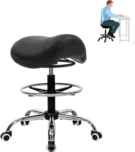 Miniatura 9 de Taburete de salón con reposapiés, resistente, altura ajustable, silla de esteticista rodante para tatuaje, spa, clínica dentista médica (negro)
