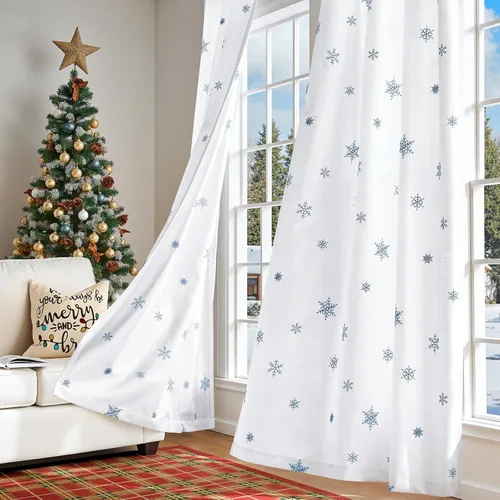 Miniatura 5 de JINCHAN Cortinas de copo de nieve de Navidad para sala de estar y dormitorio, cortinas bordadas azules y blancas, 84 pulgadas de largo (213.36 cm)