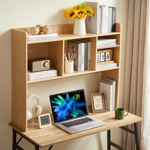 Miniatura 10 de Nromant Estantería de escritorio, gabinete de almacenamiento de escritorio de madera con 5 estantes, organizador de escritorio de 3 niveles
