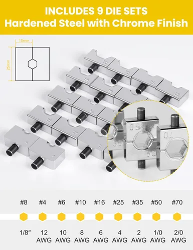 Miniatura 3 de Tenaza engarzadora hidráulica de 10 toneladas para terminales de cables de batería con troqueles