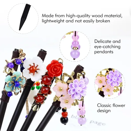 Miniatura 5 de inSowni 8 piezas vintage retro asiático, japonés, chino, tradicional, Hanfu con flores de madera con colgantes de cuentas, horquillas