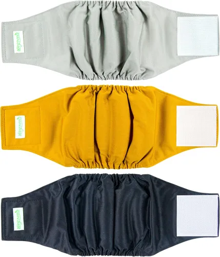 wegreeco - Pañales lavables para perros machos, bandas envolventes para vientre, paquete de 3 (dorado, negro, gris), talla M