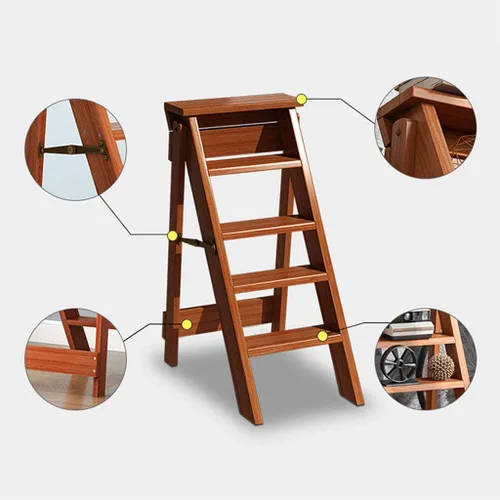 Miniatura 3 de Escalera de madera de 5 niveles, taburete plegable para el hogar, estante de almacenamiento multiusos para flores, escalera de escalera