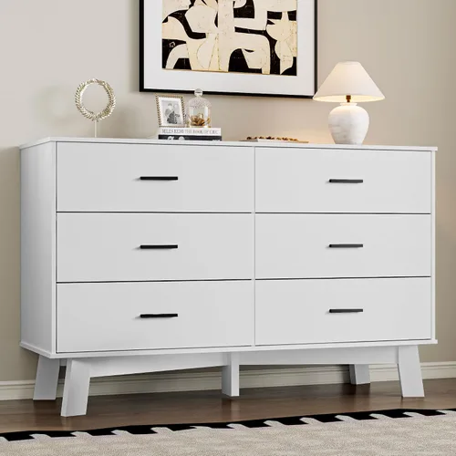 Miniatura 9 de BORNOON Cómoda para dormitorio con 6 cajones, cajonera moderna de 47.2" con manijas de metal, base en forma de X y pata central ajustable