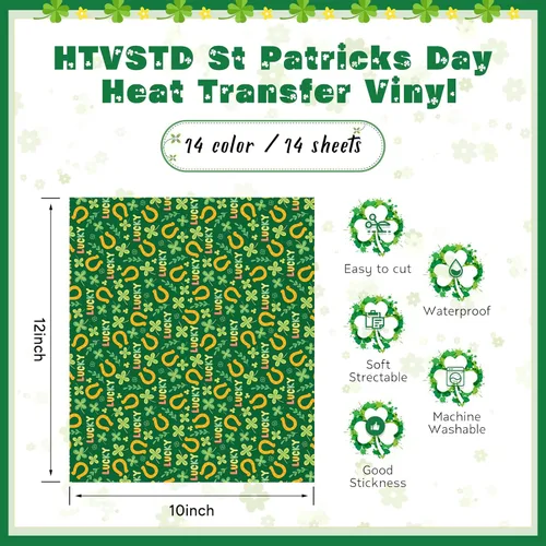 Miniatura 2 de Vinilo clásico de transferencia de calor de trébol de cuatro hojas, 14 hojas de 12 x 10 pulgadas, trébol de la suerte HTV para manualidades, día