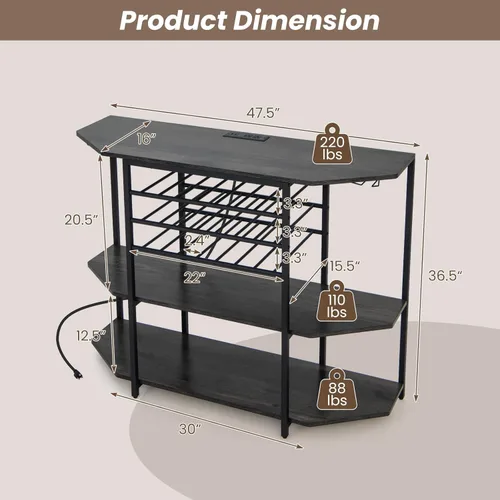 Miniatura 3 de COSTWAY Armario para bar de vinos, gabinete de licor de 3 niveles con tomas de corriente, estantes para botellas de vino, soportes de vidrio, Gris