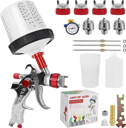 HVLP - Kit de pistola pulverizadora con 4 boquillas (1.4/1.7/2.0/0.098 in), 10 vasos de pintura desechables de 20.3 fl oz y regulador de presión de