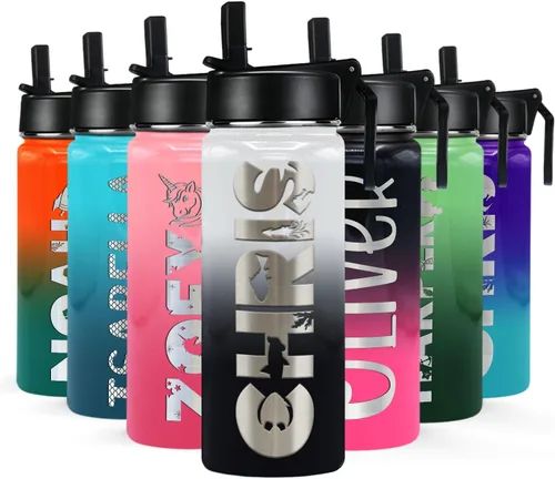 Miniatura 20 de Botella de agua personalizada para niños con tapa de popote en azul aguamarina degradado para la escuela, nombre personalizado para niños, 18 onzas