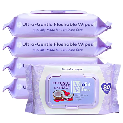 Violet Vibes Toallitas desechables para mujer, color rosa de coco, 400 unidades, a base de plantas, suaves para pieles sensibles