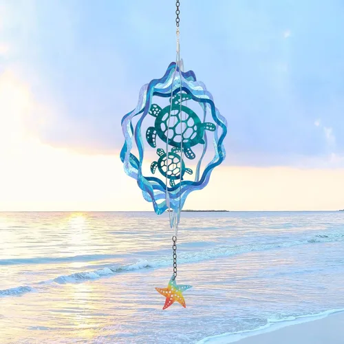 Molinillos de viento colgantes de tortuga marina – 12 pulgadas 3D cinético al aire libre grande de metal giratorio de viento azul con patrón de onda