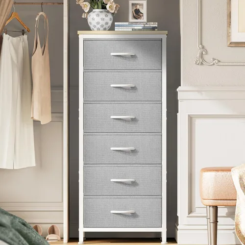Miniatura 16 de Huuger Cómoda alta para dormitorio, cómoda estable de 7 cajones con dispositivo antipunta, cajones de piel sintética y tela, mesita de noche alta